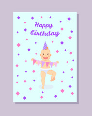 Happy infant in cone shape hat, garlands paper flags isolated poster on blue background with rhombus. Vector baby celebrating first birthday party