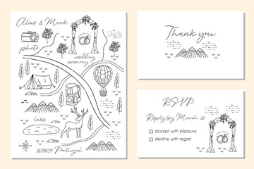 Set of wedding invitation cards with map