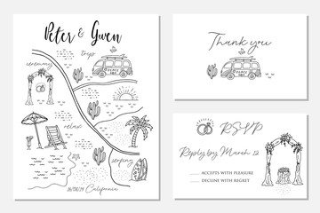 Set of wedding invitation cards with map