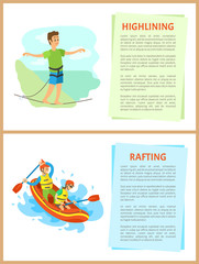 Highlining and rafting vector, hobby of people leading active lifestyle man and woman in team sitting in boat, splashes of water. Extreme sports activity