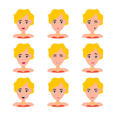 Beautiful woman portrait with different expressions set isolated