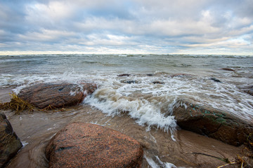 lake or sea beach in stormy weather