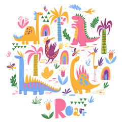 Vector design with cute dinosaurs in cute modern style 