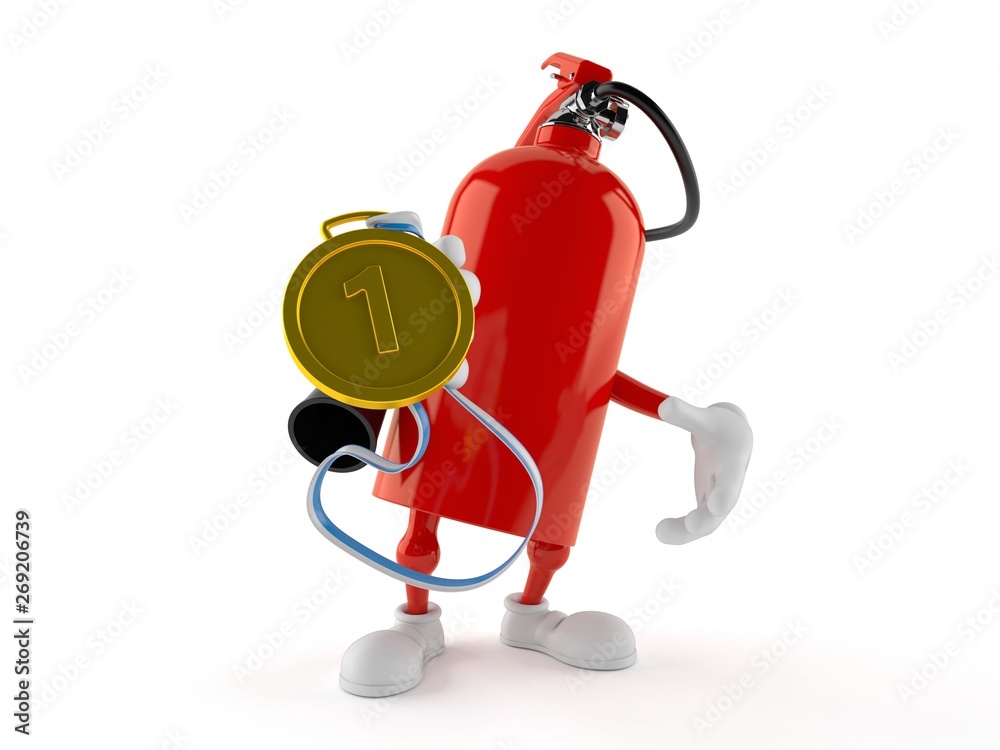 Poster fire extinguisher character with golden medal