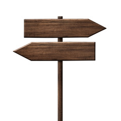 Simple wooden direction arrow signpost roadsign made of dark wood with single pole