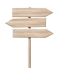 Simple wooden tripple direction arrow signpost roadsign made of light wood with single pole