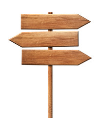 Simple wooden tripple direction arrow signpost roadsign made of natural wood with single pole