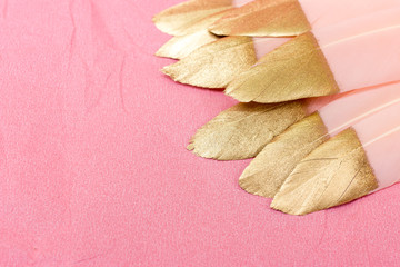 Pink and gold feathers on a pink background