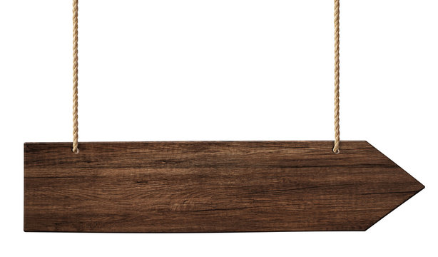 Naklejki Simple wooden arrow signpost made of dark wood hanging on ropes