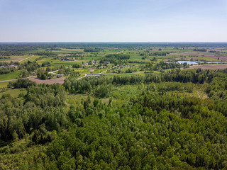 aerial view of countryside fields and forests in green summer day