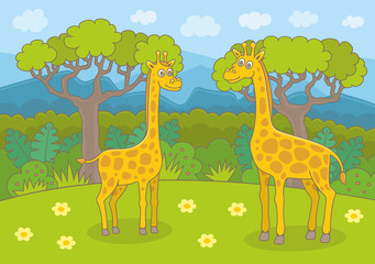 Friendly Giraffes with Trees Nature. Funny cartoon and vector illustration