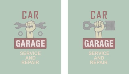 Color illustration of advertising and car repair service. Hand, piston key and text