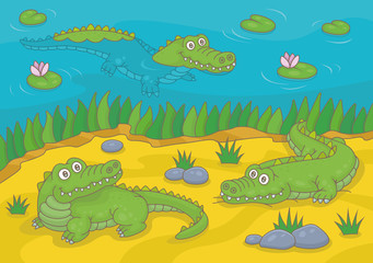 Three green crocodiles in the nature. Funny cartoon and vector illustration