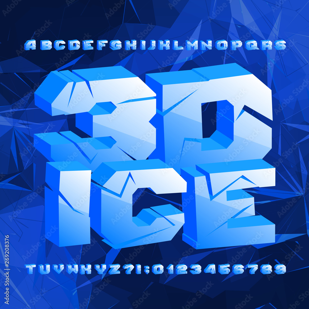 Fototapete 3d ice alphabet font. cracked letters and numbers on polygonal background. stock vector typescript f