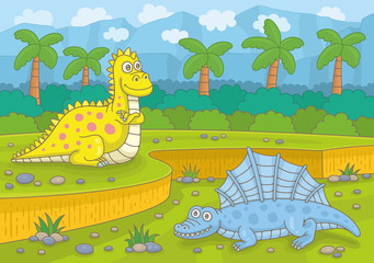 Dinosaur in Nature. Funny cartoon and vector illustration