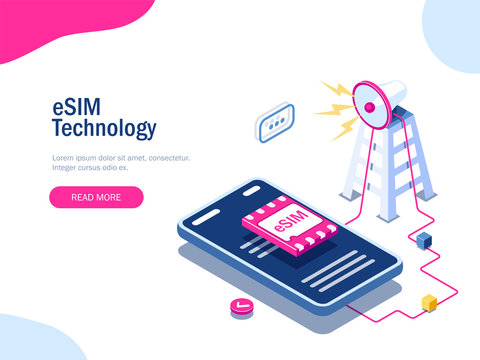 eSIM card chip sign. Gsm tower concept. Futuristic projection sim card. Modern telecommunication technology. Can use for web banner, infographics, hero images. Flat isometric vector illustration.