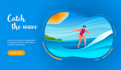 Young woman ride a wave. Catch the wave concept. Modern vector illustration