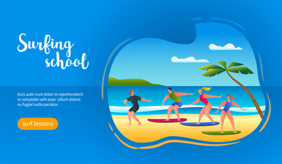 Fototapeta na wymiar Surf school at the beach. Young people are training on the beach. Vector flat illustration