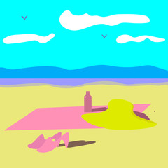 Beach towel, hat, shoes, cream on blue sky and water background vector drawing