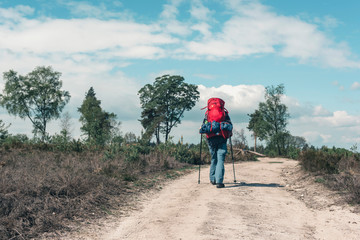 Fototapeta na wymiar Backpacker going uphill on dirt road under blue cloudy sky.