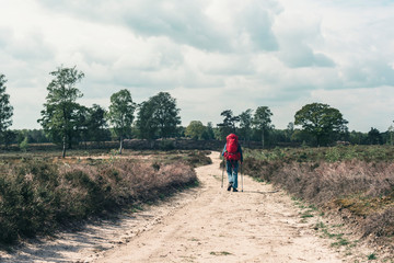 Backpacker going downhill on dirt road under cloudy sky.