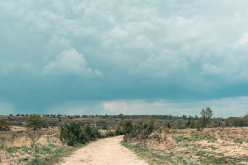 Dirt road in hilly landscape under cloudy sky.