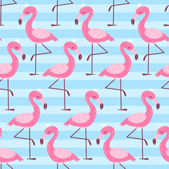 Seamless pattern with cartoon pink flamingo on blue