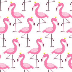 Seamless pattern with cartoon pink flamingo
