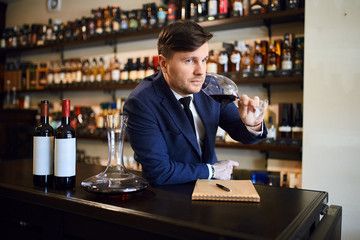 young businessman describing the range of oerceived flavours, aromas. young male giving characteristics of wine. close up photo
