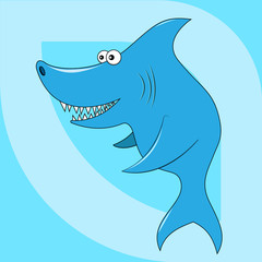  illustration of a blue shark fish cartoon with bulging eyes on a blue background for use in advertising and packaging