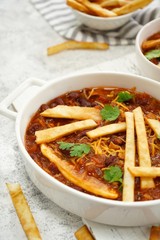 Tortilla Soup with Chili, selective focus