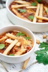 Tortilla Soup with Chili, selective focus