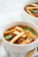 Tortilla Soup with Chili, selective focus
