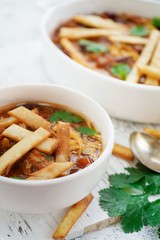 Tortilla Soup with Chili, selective focus
