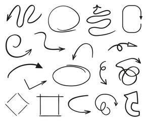 Infographic elements on isolated white background. Hand drawn simple arrows. Line art. Set of different geometric shapes. Abstract indicators. Black and white illustration. Doodles for artwork