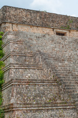 Maya temple, with its high stairs, in the archeological area of Uxmal, in the Mexican peninsula of Yucatan
