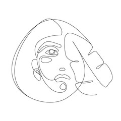 Continuous line. Woman face with tropical leaf. Portrait minimalistic style  illustration for t-shirt, design print