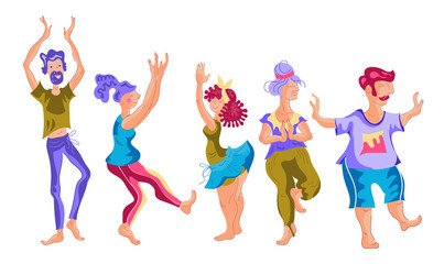 A group of people, men and women of different ages and shapes, performing sports exercises vector illustration. Body positive and daily feasible activity for all people, regardless of weight concept.
