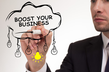 Business, technology, internet and networking concept. Young entrepreneur showing keyword: Boost...