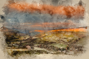Naklejka na ściany i meble Watercolor painting of Sunrise over Gunnerside in Swaledale in Yorkshire Dales National Park