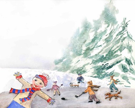 Children are skating on a pond in forest watercolor illustration. Christmas Hand Painted Greeting Card.
