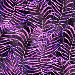 Tropical seamless pattern. Watercolor tangled palm leaves, japanese bamboo. Purple exotic swimwear design. Summer tropic repeated print. Attractive textile illustration.