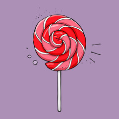 Spiral striped colorful lollipop with outline. Hand drawn illustration.