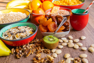 Breakfast served with milk, dried plums and dates