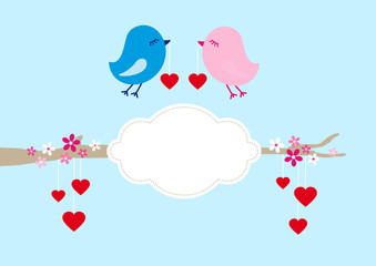 Zwei Vögel Mit Herzen Baum und Wolke Blau