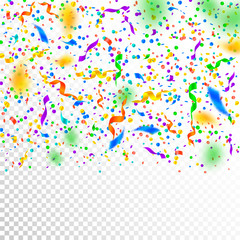 Streamers and confetti. Colorful tinsel and foil ribbons. Confetti gradient on white transparent background. Beauteous paty overlay template. Shapely celebration concept.