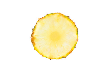 One round piece of fresh ripe pineapple with yellow juicy pulp isolated on white background. Top view