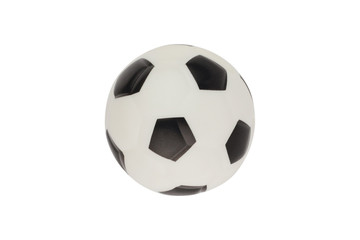 Single new clean small rubber toy in form of soccer ball isolated on white background. Top view. Clipping path