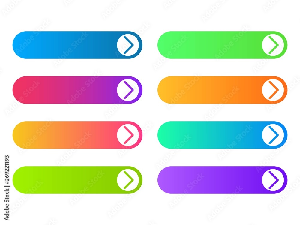 Fototapete set of colorful empty web buttons with white arrows. template design in minimalistic style for web o