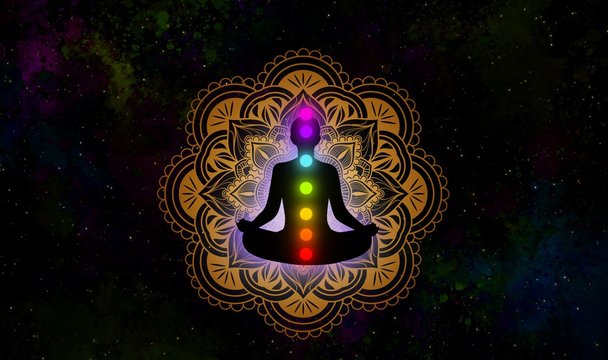 Meditation man with aura and seven chakras on abstract background